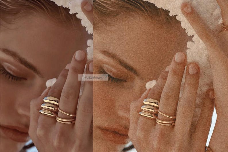May include: A set of gold-toned rings featuring three thick, smooth, rounded bands stacked on the ring finger and two thinner, plain bands on the middle finger. The jewelry has a polished, reflective finish that catches the light, creating a bright, metallic appearance against the skin.