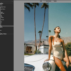 May include: A digital interface displaying a list of Fujifilm presets on the left, with a split-screen comparison of a photograph featuring a person in a cream-colored one-piece swimsuit with orange straps leaning against a white vintage car.