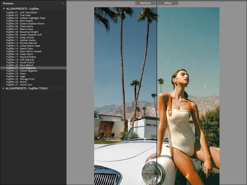 May include: A digital interface displaying a list of Fujifilm presets on the left, with a split-screen comparison of a photograph featuring a person in a cream-colored one-piece swimsuit with orange straps leaning against a white vintage car.