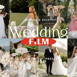 May include: A montage of wedding photographs. The images show brides in white dresses, bridesmaids in different colours, and couples. Some images include parasols and outdoor settings. Text includes "Wedding Film" and "22 Lightroom Presets".