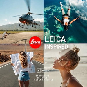 Peut inclure: Une collection numérique de 59 préréglages, 29 outils et 5 profils de couleur intitulée Leica Inspired. Le graphique présente quatre images : un hélicoptère, un parachutiste, une personne tenant une carte sur une route et un profil de personne blonde.