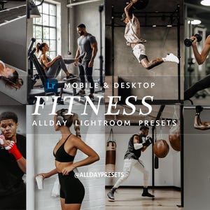 Puede incluir: Una colección digital de ajustes preestablecidos de Lightroom para móvil y escritorio con un collage de fotos de fitness. El texto dice: Lr MOBILE & DESKTOP FITNESS ALLDAY LIGHTROOM PRESETS @ALLDAYPRESETS. Las imágenes muestran varios ejercicios.