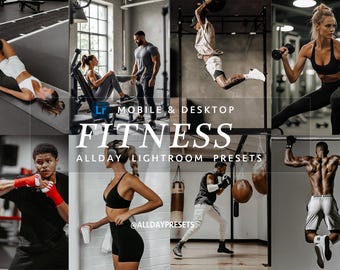 May include: A digital collection of Lightroom presets for mobile and desktop featuring a collage of fitness photography. The text reads: Lr MOBILE & DESKTOP FITNESS ALLDAY LIGHTROOM PRESETS @ALLDAYPRESETS. The images show various gym workouts.