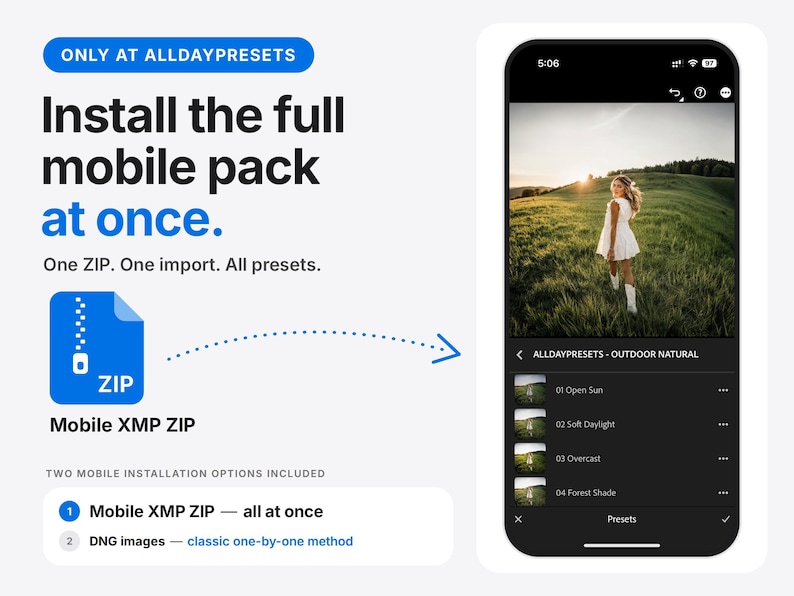 May include: A digital product display showing a mobile XMP ZIP file icon and a smartphone interface. Text reads: ONLY AT ALLDAYPRESETS, Install the full mobile pack at once, One ZIP. One import. All presets, Mobile XMP ZIP, and TWO MOBILE INSTALLATION OPTIONS INCLUDED.