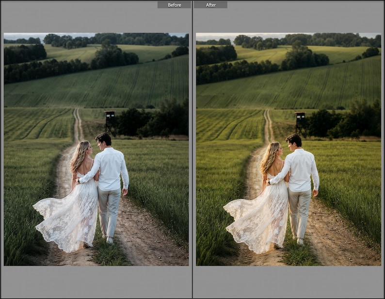 May include: A couple walking on a dirt path through a green field. One person wears a long white lace dress with a flowing skirt, and the other wears a white button-down shirt with light-colored trousers. The scene is captured in natural outdoor light.