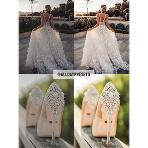 May include: A white floor-length gown with floral appliques and a pair of beige high-heeled shoes featuring ornate crystal embellishments on the heel and back. The text @ALLDAYPRESETS is visible in the center of the image between the two scenes.