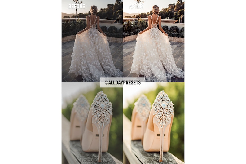 May include: A white floor-length gown with floral appliques and a pair of beige high-heeled shoes featuring ornate crystal embellishments on the heel and back. The text @ALLDAYPRESETS is visible in the center of the image between the two scenes.