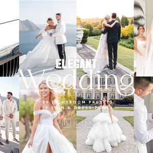 May include: A digital collection of 49 Lightroom presets and 15 skin and dress tools for wedding photography. The collage features various scenes including a Rolls-Royce hood ornament, couples in formal attire, and bridal gowns in outdoor settings.