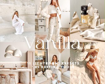 Puede incluir: Una colección digital de 11 ajustes preestablecidos de Lightroom y 15 herramientas de edición titulada Vanilla, que presenta un collage de imágenes de estilo de vida que incluyen una persona con vestido blanco, un conjunto de blazer, un frasco de perfume, decoración de interiores y ropa de playa.