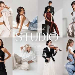 Puede incluir: Una colección de ocho fotografías de estudio que muestran a varias personas con diversos atuendos, incluyendo blazers, tops cortos y pantalones. El texto central dice "BESTSELLER STUDIO MOBILE & DESKTOP LIGHTROOM PRESETS" en tipografía blanca.