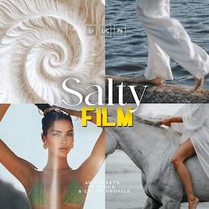Puede incluir: Un anuncio de producto digital titulado Salty Film que presenta un collage de cuatro imágenes: una concha espiral blanca, piernas caminando sobre una orilla rocosa, una persona con un top de bikini verde y una persona montando un caballo blanco. Incluye el texto Lr, LrC, Ps y 60 PRESETS 29 TOOLS 5 COLOR PROFILE.