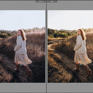 May include: A cream-colored knit sweater paired with a light-colored midi skirt and brown leather boots. The outfit is worn in an outdoor setting with tall, dry grasses and a dirt path, captured in two side-by-side panels showing color variations.