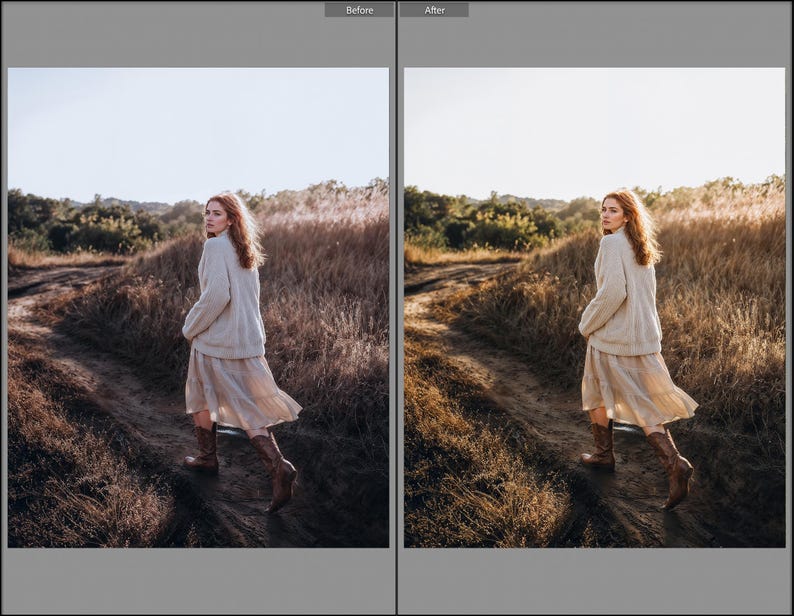 May include: A cream-colored knit sweater paired with a light-colored midi skirt and brown leather boots. The outfit is worn in an outdoor setting with tall, dry grasses and a dirt path, captured in two side-by-side panels showing color variations.