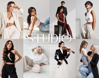 May include: A digital collection of photography presets titled STUDIO, featuring eight diverse portrait scenes. The images display various individuals in professional attire, casual clothing, and formal wear, including a person playing a violin.