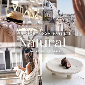 May include: A collage featuring a tan hat with a black band, a white teacup, a Parisian cityscape, a person in a white knit sweater, and a stone bowl with figs. Text overlays read 14 LIGHTROOM PRESETS, Natural, and LR DESKTOP & MOBILE.