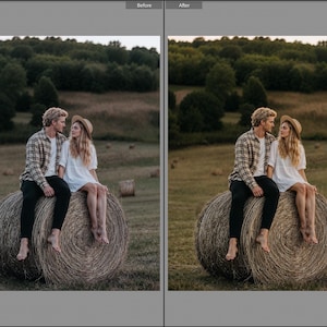 May include: A split-screen comparison showing a person in a plaid shirt and black pants sitting next to a person in a white dress and straw hat on a large round hay bale in a field, with the right side featuring enhanced warm color tones.