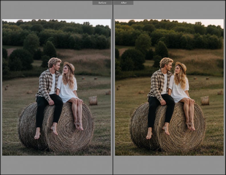 May include: A split-screen comparison showing a person in a plaid shirt and black pants sitting next to a person in a white dress and straw hat on a large round hay bale in a field, with the right side featuring enhanced warm color tones.