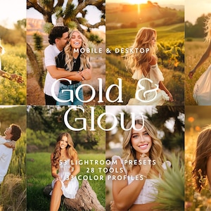 May include: A digital collection of photography presets titled Gold & Glow, featuring 53 Lightroom presets, 28 tools, and 33 color profiles. The display includes eight varied outdoor portraits of individuals and couples in warm, sunlit settings.