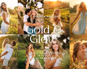 53 GOLD & GLOW Lightroom Presets: Premium Golden Hour and Warm Tone Filters + 28 Tools + 33 Colour Profiles, Warm Natural Sunset Skin Tones