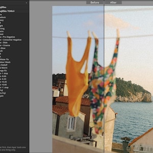 May include: A split-screen comparison showing a solid mustard yellow one-piece swimsuit and a floral print one-piece swimsuit hanging on a clothesline against a coastal background with terracotta roofed buildings and blue sea water.