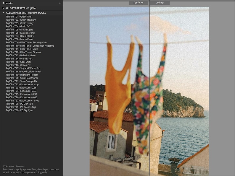 May include: A split-screen comparison showing a solid mustard yellow one-piece swimsuit and a floral print one-piece swimsuit hanging on a clothesline against a coastal background with terracotta roofed buildings and blue sea water.