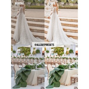 May include: A split-screen comparison showing a white long-sleeved wedding dress with a train and a table setting decorated with large green leaves. The text @ALLDAYPRESETS is centered between the two sets of before and after images.