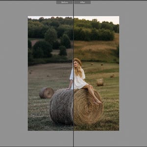 May include: A split-screen comparison showing a white dress and a straw hat. The left side displays a desaturated, cool-toned version of the scene, while the right side presents a warm, vibrant color-corrected version of the same white dress.