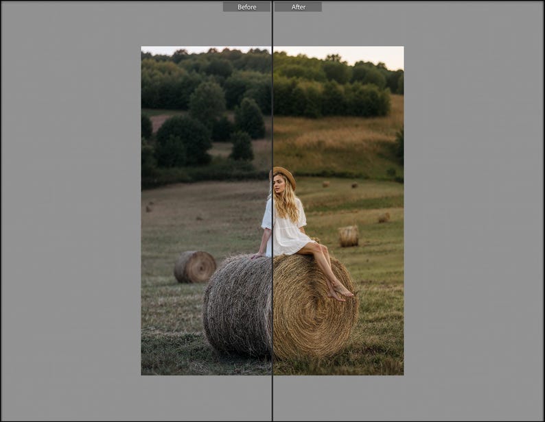 May include: A split-screen comparison showing a white dress and a straw hat. The left side displays a desaturated, cool-toned version of the scene, while the right side presents a warm, vibrant color-corrected version of the same white dress.