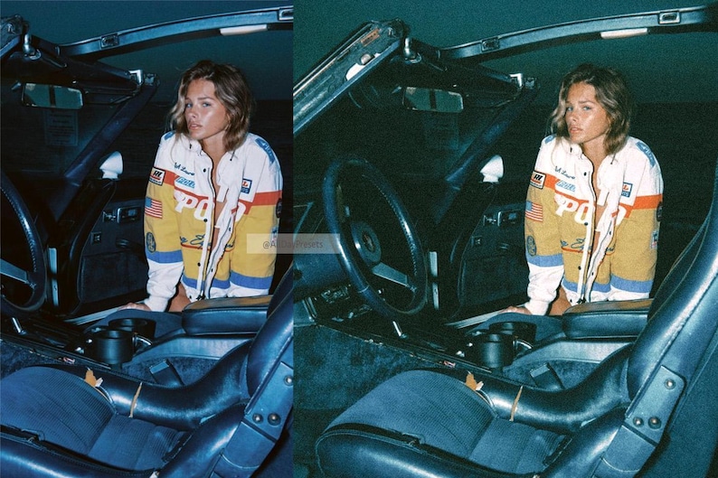 May include: A white, yellow, and blue racing-style jacket featuring the text "POLO" in large red letters across the chest, along with various embroidered patches including an American flag, worn by a person sitting inside a dark car interior.