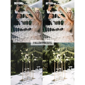 May include: A split-screen comparison showing a before and after photo edit. The top images feature a champagne tower with clear glasses. The bottom images show gold-toned metal flower vases with white flowers on a table. Text reads @ALLDAYPRESETS.