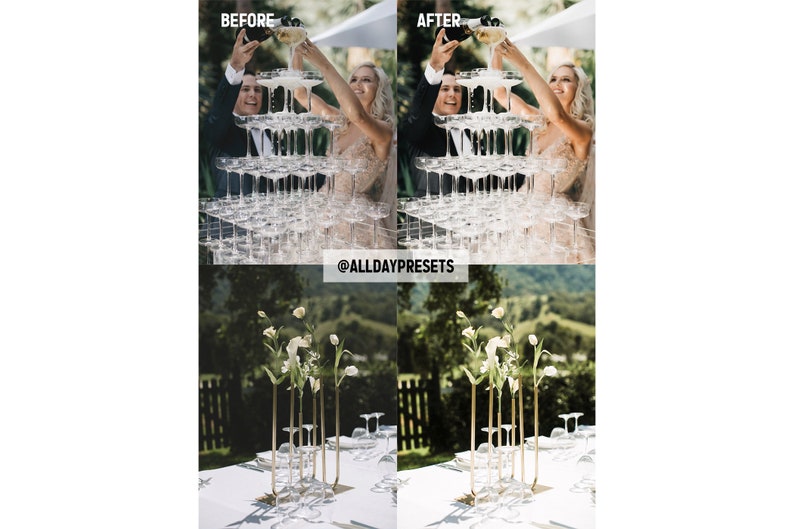 May include: A split-screen comparison showing a before and after photo edit. The top images feature a champagne tower with clear glasses. The bottom images show gold-toned metal flower vases with white flowers on a table. Text reads @ALLDAYPRESETS.