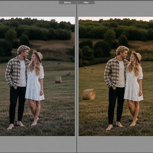 May include: A person wearing a tan and brown plaid button-down shirt over a white t-shirt with black pants, standing next to a person wearing a short white dress and a tan straw hat in a field with hay bales and a forest background.