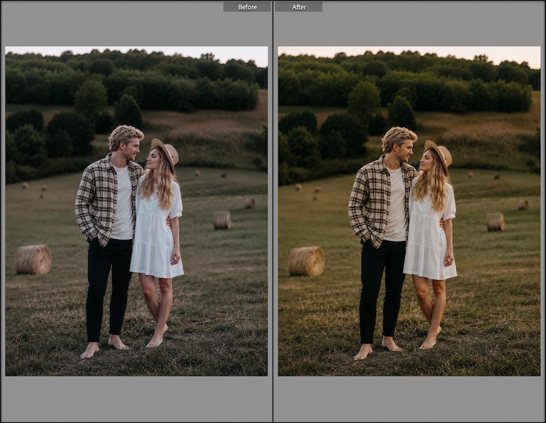 May include: A person wearing a tan and brown plaid button-down shirt over a white t-shirt with black pants, standing next to a person wearing a short white dress and a tan straw hat in a field with hay bales and a forest background.