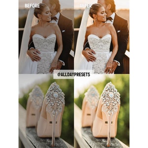 May include: A split-screen comparison showing a wedding couple and a pair of high-heeled shoes with crystal embellishments on the heels. The text @ALLDAYPRESETS is centered between the images, which demonstrate different color editing styles.