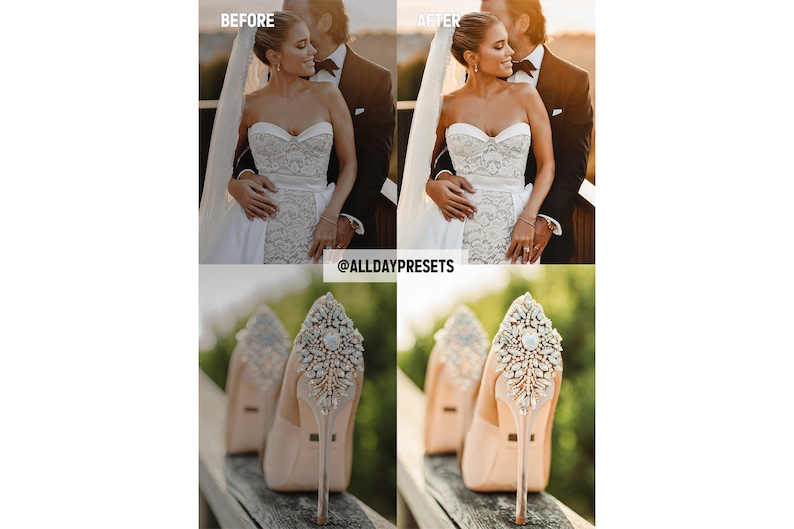 May include: A split-screen comparison showing a wedding couple and a pair of high-heeled shoes with crystal embellishments on the heels. The text @ALLDAYPRESETS is centered between the images, which demonstrate different color editing styles.