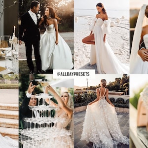 May include: A collage of wedding photography featuring white floral centerpieces, couples in formal attire, white gowns with lace and off-shoulder details, a champagne tower, and embellished high-heeled shoes. The text @ALLDAYPRESETS is centered.