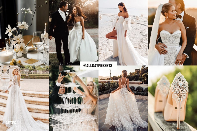 May include: A collage of wedding photography featuring white floral centerpieces, couples in formal attire, white gowns with lace and off-shoulder details, a champagne tower, and embellished high-heeled shoes. The text @ALLDAYPRESETS is centered.
