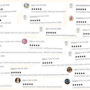 May include: A collection of customer reviews for digital photo presets, featuring multiple five-star ratings, user profile pictures, and written feedback praising the ease of use, quality, and aesthetic results of the editing tools.