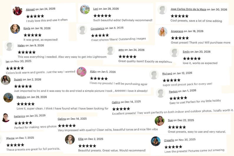 May include: A collection of customer reviews for digital photo presets, featuring multiple five-star ratings, user profile pictures, and written feedback praising the ease of use, quality, and aesthetic results of the editing tools.