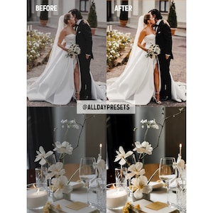 May include: A split-screen comparison showing a wedding couple kissing in white and black formal attire, and a table setting with white flowers, candles, and glassware. The text @ALLDAYPRESETS is centered between the two sets of images.