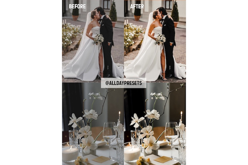May include: A split-screen comparison showing a wedding couple kissing in white and black formal attire, and a table setting with white flowers, candles, and glassware. The text @ALLDAYPRESETS is centered between the two sets of images.