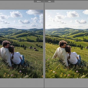 May include: A split-screen comparison showing a landscape of rolling green hills under a blue sky with white clouds. In the foreground, two individuals sit together in the grass, one wearing a beige long-sleeve shirt and the other a white t-shirt.