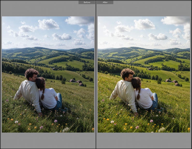 May include: A split-screen comparison showing a landscape of rolling green hills under a blue sky with white clouds. In the foreground, two individuals sit together in the grass, one wearing a beige long-sleeve shirt and the other a white t-shirt.
