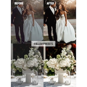 May include: A split-screen comparison showing a couple in formal wedding attire and a white floral centerpiece in a vase with candles. The text @ALLDAYPRESETS is centered between the images, which display before and after color editing effects.