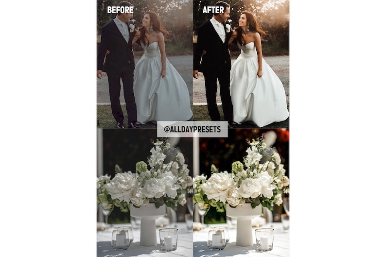May include: A split-screen comparison showing a couple in formal wedding attire and a white floral centerpiece in a vase with candles. The text @ALLDAYPRESETS is centered between the images, which display before and after color editing effects.