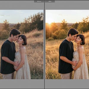 May include: A split-screen comparison showing a couple in a field at sunset. One individual wears a black t-shirt and light-colored pants, while the other wears a sleeveless beige dress. The image displays a before and after photo editing effect.