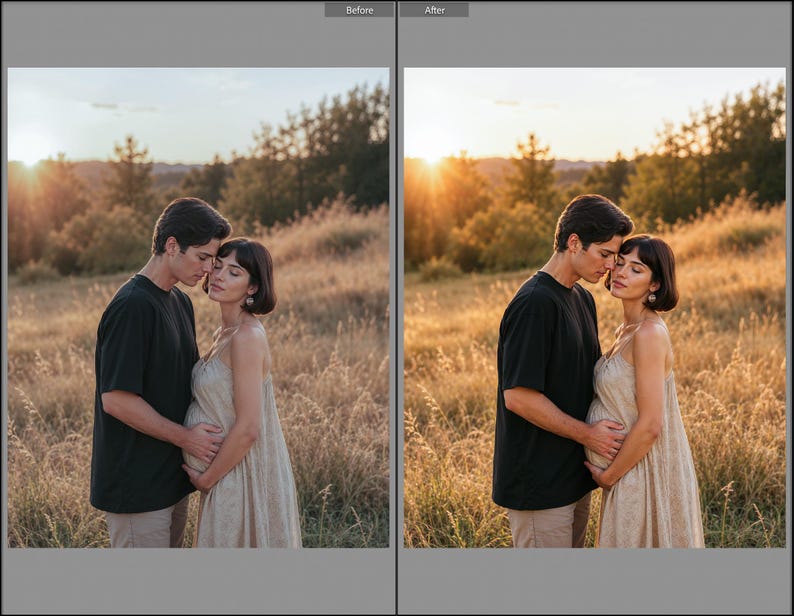 May include: A split-screen comparison showing a couple in a field at sunset. One individual wears a black t-shirt and light-colored pants, while the other wears a sleeveless beige dress. The image displays a before and after photo editing effect.