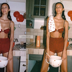 May include: A two-piece set consisting of a black and orange gingham bikini top with thin straps and matching high-waisted shorts. A white floral patterned cloth rests on the shoulder, and a white bowl with red polka dots is held in the hands.
