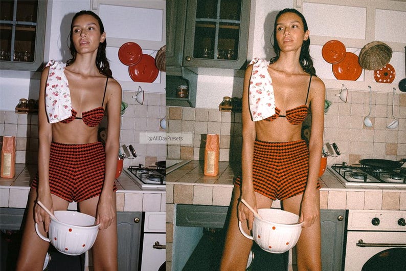 May include: A two-piece set consisting of a black and orange gingham bikini top with thin straps and matching high-waisted shorts. A white floral patterned cloth rests on the shoulder, and a white bowl with red polka dots is held in the hands.