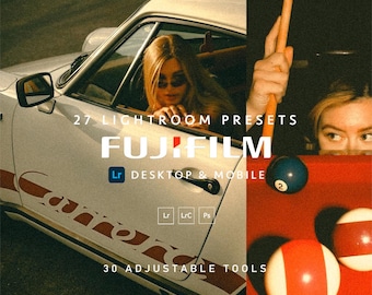 May include: A digital product advertisement featuring a white car with red lettering and a pool table scene with billiard balls. Text includes 27 LIGHTROOM PRESETS, FUJIFILM, DESKTOP & MOBILE, and 30 ADJUSTABLE TOOLS, with Adobe Lightroom and Photoshop icons.